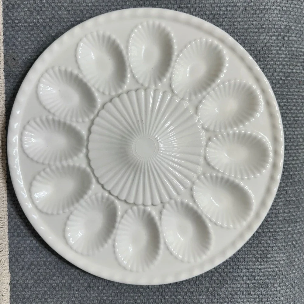 VTG White Ceramic Deviled Egg Platter Scalloped 12 Slot Serving Plate 9.5 Inch